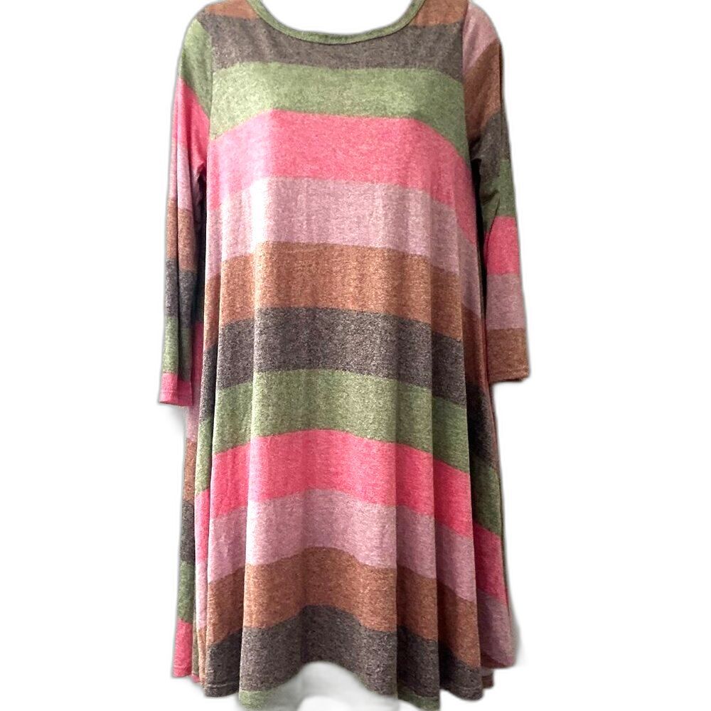 Multicolor Soft Striped Long Sleeve Swing Tunic Dress Causal Loungewear with Poc